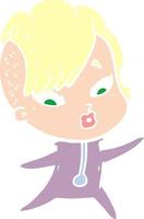 flat color style cartoon surprised girl in science fiction clothes vector