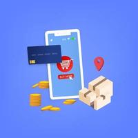 Shopping Online on smartphone Application whith credit card Concept isometric Vector illustration