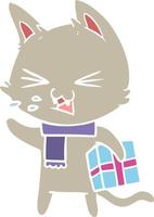 flat color style cartoon hissing cat with christmas present vector