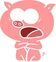 shocked flat color style cartoon pig sitting down vector