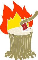 flat color illustration of a cartoon axe in a flaming tree stump vector