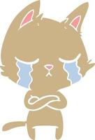 crying flat color style cartoon cat with folded arms vector