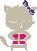 gato de niña de dibujos animados de estilo de color plano con regalo de navidad vector