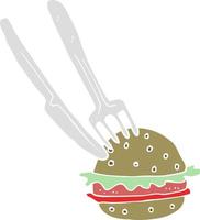 flat color illustration of a cartoon knife and fork cutting burger vector