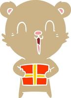 happy flat color style cartoon bear with christmas gift vector