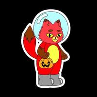 A sticker with a fox in a helmet from a spacesuit holds a basket in the form of a pumpkin. Halloween. vector