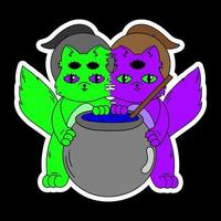 Siamese twin kittens brew a potion in witch hats. vector