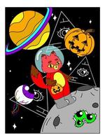 Psychedelic Halloween poster. A fox in a spacesuit on the moon, a basket in the form of a pumpkin, space, madness, surrealism, triangles with an eye. vector