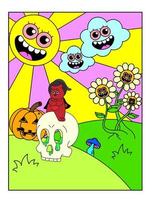 Psychedelic Halloween poster. The sun is with a face, the clouds are laughing, the bear is sitting on the skull in a witch's hat. Surrealism. vector