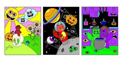 A set of psychedelic posters. Space, mushrooms, monsters, strange animals, an eye in a triangle. Surrealism. vector