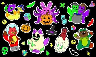 A set of psychedelic Halloween stickers. A bunny with tentacles, a fox in a spacesuit, green goo, a Frankenstein bear. Surrealism. vector