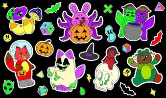 A set of psychedelic Halloween stickers. A bunny with tentacles, a fox in a spacesuit, green goo, a Frankenstein bear. Surrealism. vector