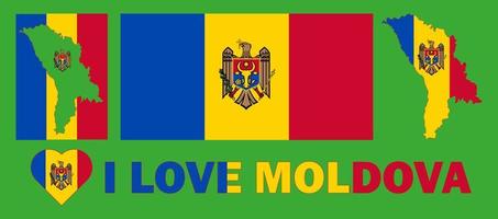 Set of vector illustrations with Moldova flag, country outline map and heart. Travel concept.
