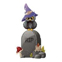 An owl in a sorcery hat sits on a tombstone with the text RIP, a fly agaric and a burning candle. The memory of the dead. Cartoon vector illustration for Halloween
