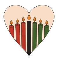 Seven candles for Kwanzaa festival celebration - Mishumaa in heart shape. Vector green, red, black burning candles. African American ethnic heritage celebration. Cute Kwanzaa badge.