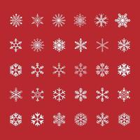 Snowflake collection isolated on red background. Flat snow icons, snow flakes silhouette. Element for christmas and new year design. Geometric ice set.