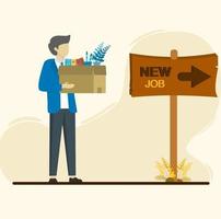 Young man who goes to a new job with a box. new job concept. Vector illustration of a new job in a flat design.