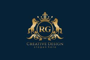 initial RG Retro golden crest with circle and two horses, badge template with scrolls and royal crown - perfect for luxurious branding projects vector