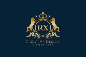 cresta dorada retro rx inicial con círculo y dos caballos, plantilla de insignia con pergaminos y corona real - perfecto para proyectos de marca de lujo vector