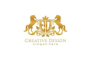 initial TQ Retro golden crest with shield and two horses, badge template with scrolls and royal crown - perfect for luxurious branding projects vector