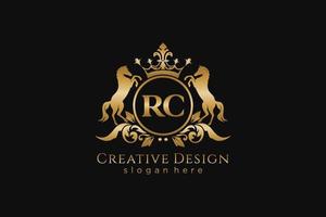 initial RC Retro golden crest with circle and two horses, badge template with scrolls and royal crown - perfect for luxurious branding projects vector