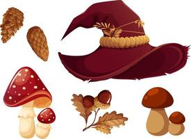 Set of witch, wizard. Hat, mushrooms, acorns and cones vector