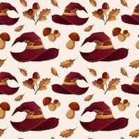 Seamless pattern with battered hat of magician, witch, wizard, with acorns and mushrooms vector