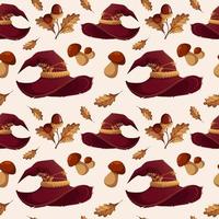 Seamless pattern with battered hat of magician, witch, wizard, with acorns and mushrooms vector