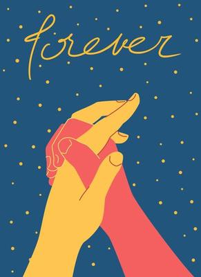Design cute vintage poster template with intertwined fingers couple hands lovers and lettering forever on space stars dots background