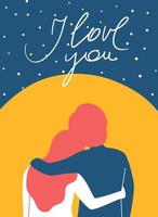 Cute couple hugs on sun shape with lettering i love you, romantic flayer for valentines day simple shape style vector
