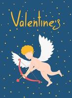 Cupid with bow and arrow flies. Valentines day poster, flayer or brochure template with lettering Valentines and cupid kid vector