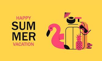 Summer vacation with travel suitcase, inflatable pink flamingo, diving mask, coconut cocktail and pineapple. Concept traveling and vacation minimalistic style with vibrant colors vector