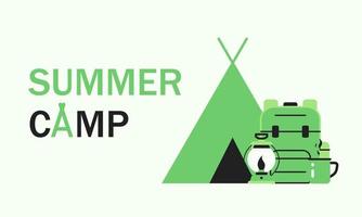 Summer camp and outdoor with tent, camping bag, lantern and mug of tea. Concept summer camping banner in green colors vector