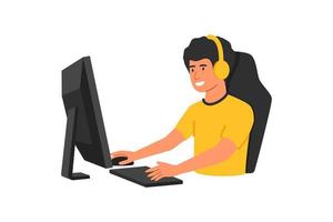 juego de jugador profesional en videojuegos en línea, en los auriculares y con el mouse y el teclado de la computadora. concepto de dibujos animados de esport de jugador profesional vector