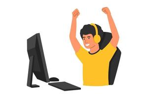 concepto pro gamer esport muy feliz con las manos arriba dibujos animados. los jugadores juegan en videojuegos en línea, en los auriculares y con el mouse y el teclado de la computadora felices de ganar. vector