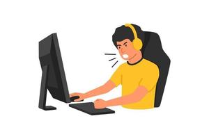 Pro gamer play in online video game, in the headphones and with computer mouse and keyboard. Concept pro gamer esport cartoon vector