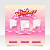 Giveaway winner announcement social media post banner template vector