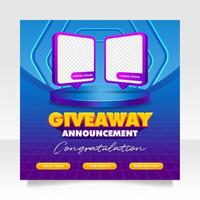 Giveaway winner announcement social media post banner template vector