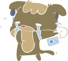 flat color style cartoon sad dog crying listening to music vector