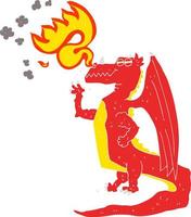 ilustración de color plano de un dragón feliz de dibujos animados respirando fuego vector