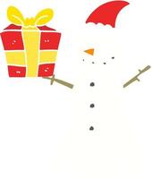 flat color style cartoon snowman with present vector