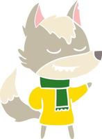 friendly flat color style cartoon wolf wearing scarf vector