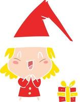 flat color style cartoon girl wearing christmas hat vector