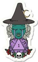 sad half orc witch character with natural one D20 roll sticker vector