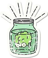 worn old sticker of a tattoo style brain in jar vector