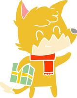 flat color style cartoon happy fox with gift vector