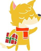 friendly flat color style cartoon fox with christmas present vector