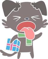 flat color style cartoon disgusted dog with christmas gift vector