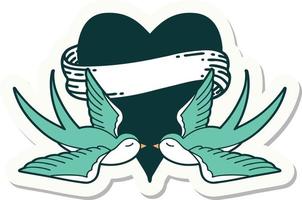 sticker of tattoo in traditional style of swallows and a heart with banner vector