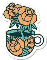 pegatina de tatuaje al estilo tradicional de una taza y flores vector